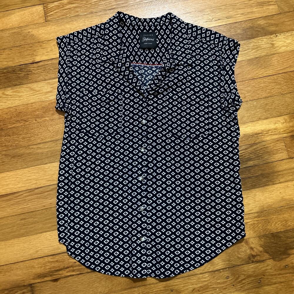 Jachs Girlfriend Women's sz M short sleeve Button Front Top Navy Blue Collared